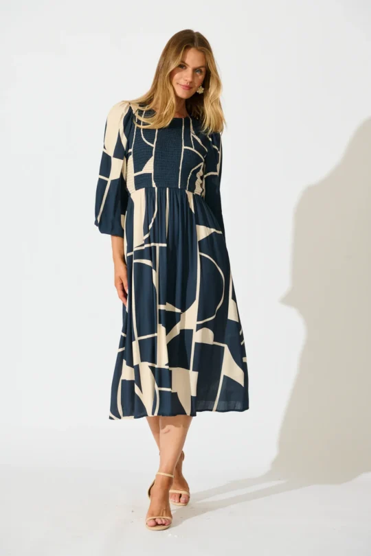 Calissa Midi Dress in Navy Linen Blend